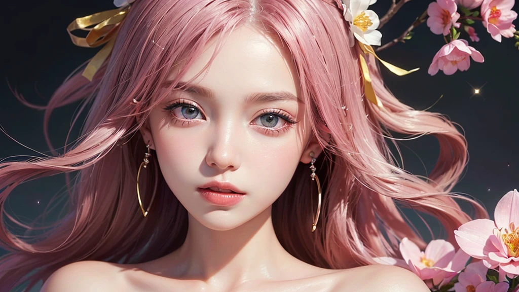 One girl, alone, flower畑, flower, (Official Art, unity 8k wallpaper, Super detailed, beautifully、aesthetic, masterpiece ,Highest quality:1.3), (Dynamic Angle:1.2), (Floating colorful sparkles:1) , elegant, Vibrant colors, Highly detailed face, Detailed eyes, Glowing Skin, Glossy Lips , Pale pink and pale orange background, Pink Hair,