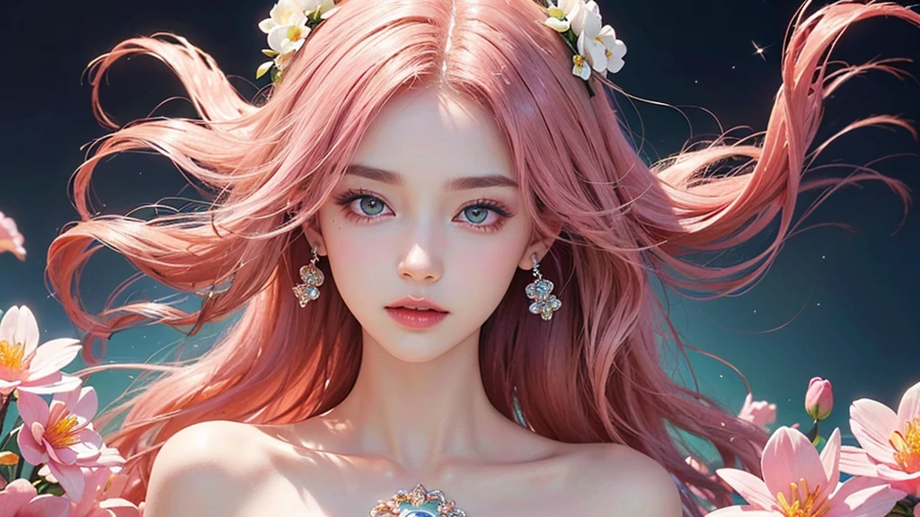 One girl, alone, flower畑, flower, (Official Art, unity 8k wallpaper, Super detailed, beautifully、aesthetic, masterpiece ,Highest quality:1.3), (Dynamic Angle:1.2), (Floating colorful sparkles:1) , elegant, Vibrant colors, Highly detailed face, Detailed eyes, Glowing Skin, Glossy Lips , Pale pink and pale orange background, Pink Hair,