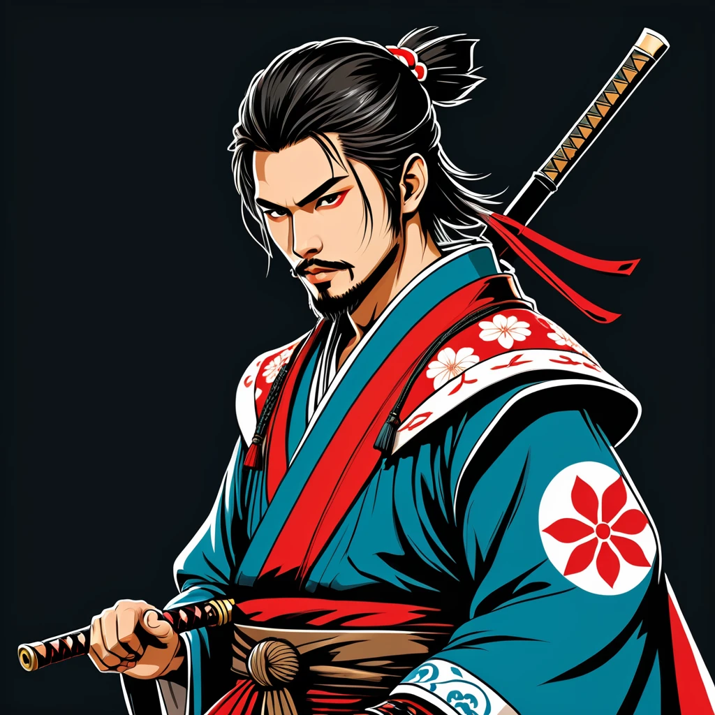 hungarian assassin in japanese folk outfit, vector graphics, strong contours
