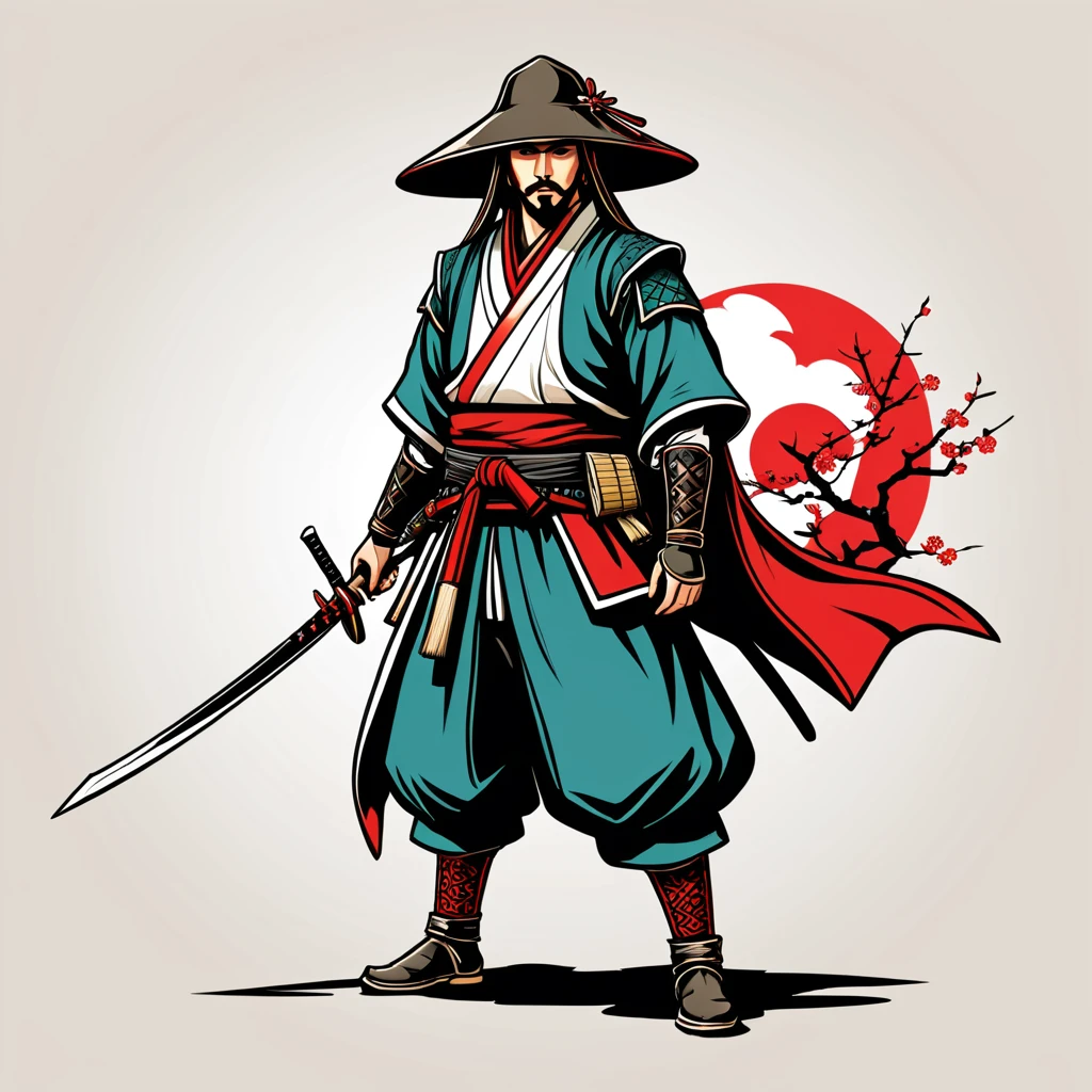hungarian assassin in japanese folk outfit, vector graphics, strong contours