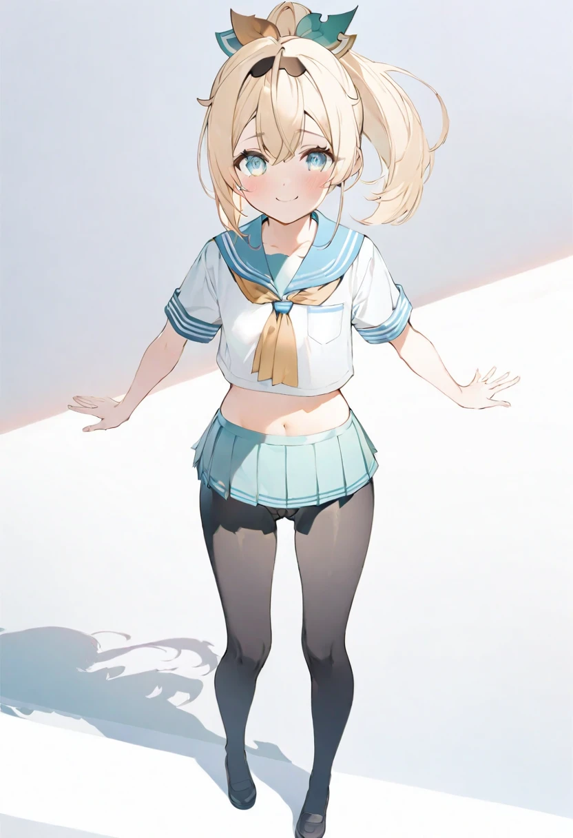 (muste piece), (best quality), (score_9, score_8_up, score_7_up), very detailed eyes, expressive eyes, perfect face, very detailed face, highly detailed face, beautiful girl, 8K, beautiful girl, white background, delicate and beautiful face and eyes, dark intense shadow, 
1 girl, vtuber style, cool girl, hololive, Kazama Iroha, blond hair, ponytail, school unifrom, Sailor suit, serafuku, pleated skirt, leggings, cameltoe, small chest, clavicle, smile, ass visible through thighs, (full body), standing, 