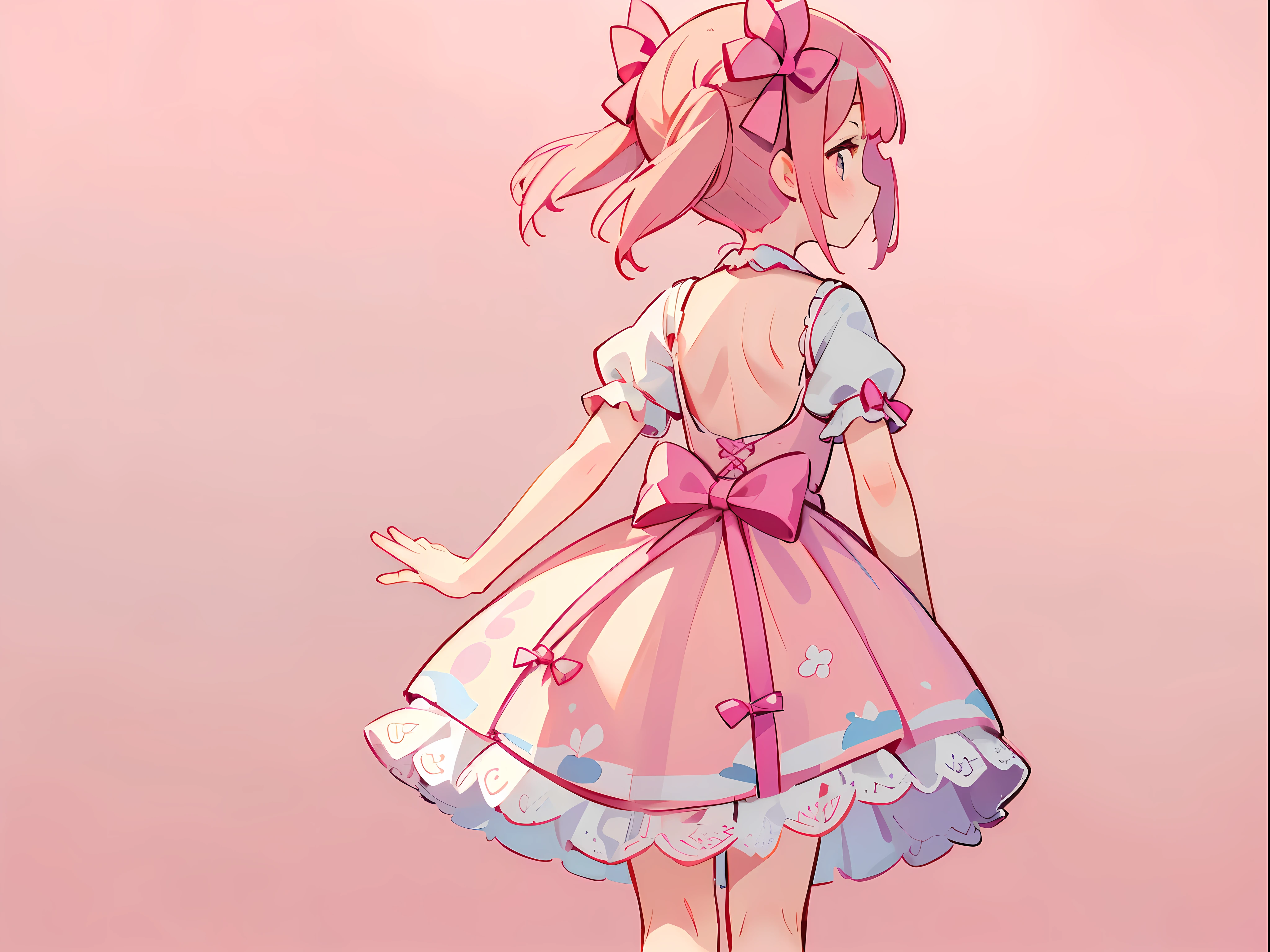 (masterpiece:1.2), best quality, highres, original, (extremely detailed:1.2), ultra-detailed, wallpaper, perfect lighting,(extremely detailed CG:1.2), 8k, 1boy, solo, crossdressing, tomgirl, kawaii, (twintails, pink hair:1.1), (Lolita Fashion, pink lolita dress, short-sleeves, bowknot on waistline, lace hemline, knee-length dress, delicate dress:1.2), (anatomically correct:1.3), (standing, close-up, from behind, view of back, back-angle, dreamlike background, pink background, girly background, sakura patterns:1.2)