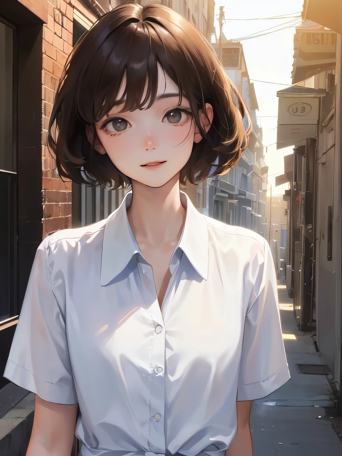 ((Alley Background))、(((Smile)))、(((A little surprised expression)))、((1 person)),Masterpiece,best quality, ((sunny))),Sandals ,((White shirt))、((stroll)),determined expression, Upper body diagram、 (Highest Resolution、Clear_image)、Best Quality、Light and shadow contrast、((Backlight))、Very detailed、Semi-realistic、Short Hair Styles、Brown Hair、bangs、19 years old、　Young lady,,young、((View from top))、Delicate Facial Features