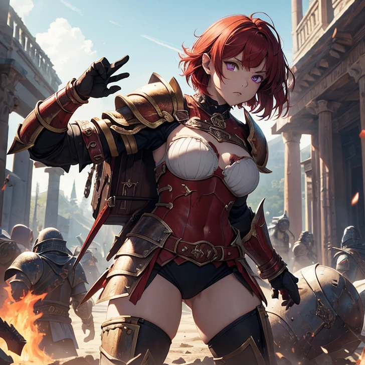 (absurdres, high fantasy artwork, best high quality image, carefuly detailed, very detailed features and textures, everquest-aesthetic)
{{1character: 25 years old red haired barbarian girl, (scarlet red short hair, purple eyes with black pupils, face with blood, very thin lips with blood, white skin with blood, wearing full armor dirt with blood, attack pose, very serious face, no sense of humor), (full bulky knight armor with blood, full bulky shoulder plates with blood, full armored bulky-breast-plate-armor-no revealing-skin dirt with blood, full gauntlets plates, full elbow plates, full plate boots), (her weapon: broad sword on her back), (Wooden irish cotage with ancient Greek forniture and celtic forniture, battle scene in fire)}}