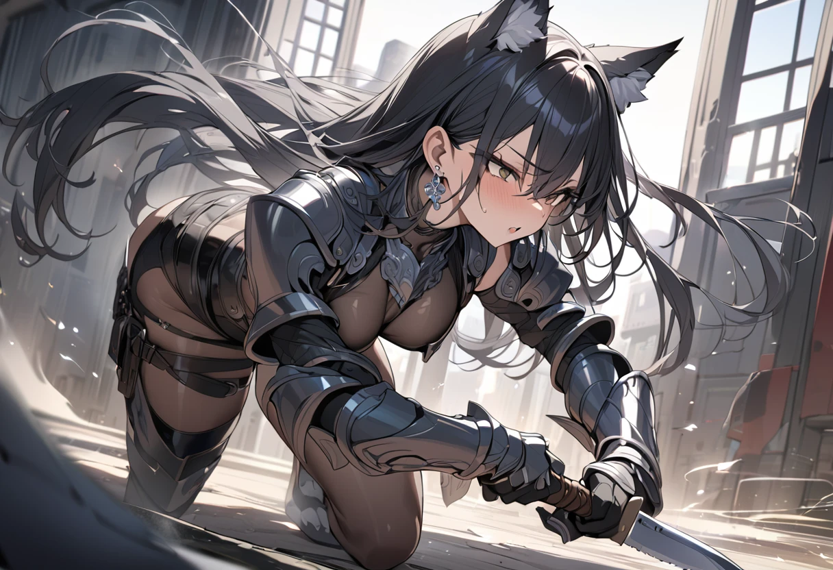 masterpiece, best quality, extremely detailed,anime, Wolf girl, black hair, long hair, black wolf ears, ((silver earrings on wolf ears)), leather armor, holding a knife, fast movement,