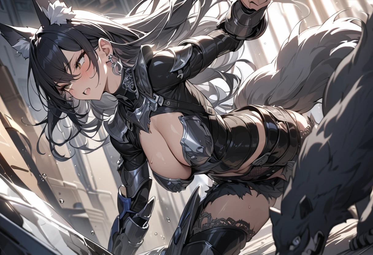 masterpiece, best quality, extremely detailed,anime, Wolf girl, black hair, long hair, black wolf ears, ((silver earrings on wolf ears)), leather armor, holding a knife, fast movement,