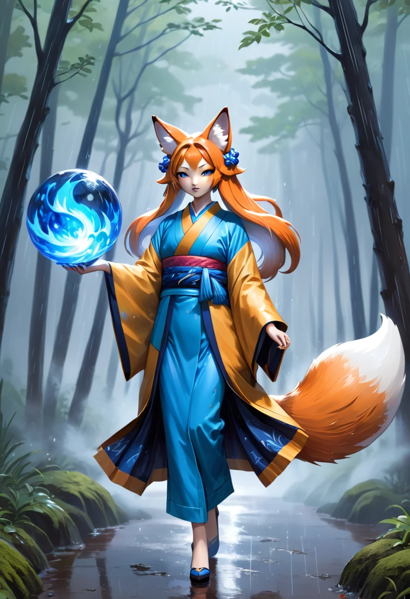 Masterpiece, Extremely detailed, , close distance shot, (A beautiful kitsune woman walking in a rainy forest holding a small ball of blue fire), facing viewer, dynamic pose , fox ears, nine fox tails, traditional Japanese clothing.