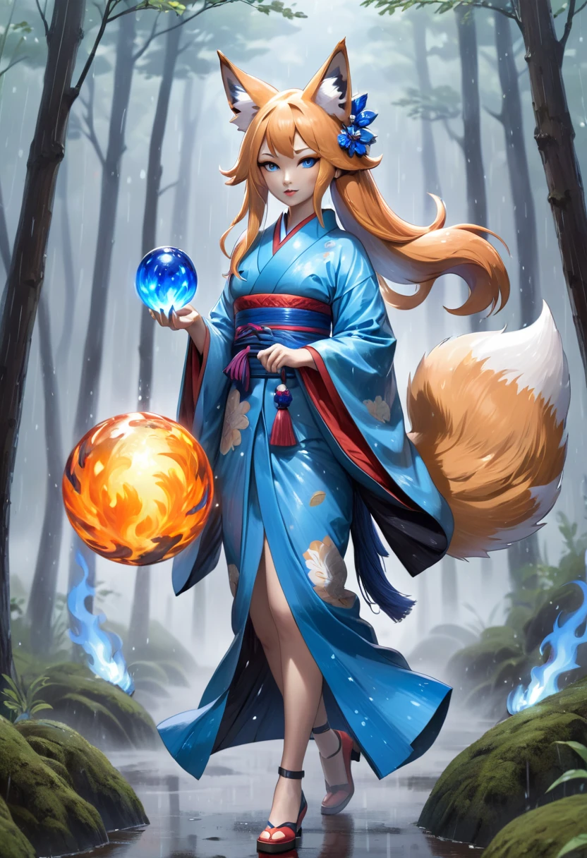 Masterpiece, Extremely detailed, , close distance shot, (A beautiful kitsune woman walking in a rainy forest holding a small ball of blue fire), facing viewer, dynamic pose , fox ears, nine fox tails, traditional Japanese clothing. 