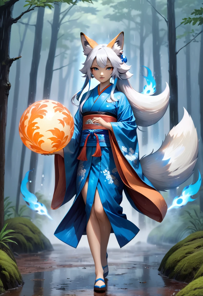 Masterpiece, Extremely detailed, , close distance shot, (A beautiful kitsune woman walking in a rainy forest holding a small ball of blue fire), facing viewer, dynamic pose , fox ears, nine fox tails, traditional Japanese clothing. 