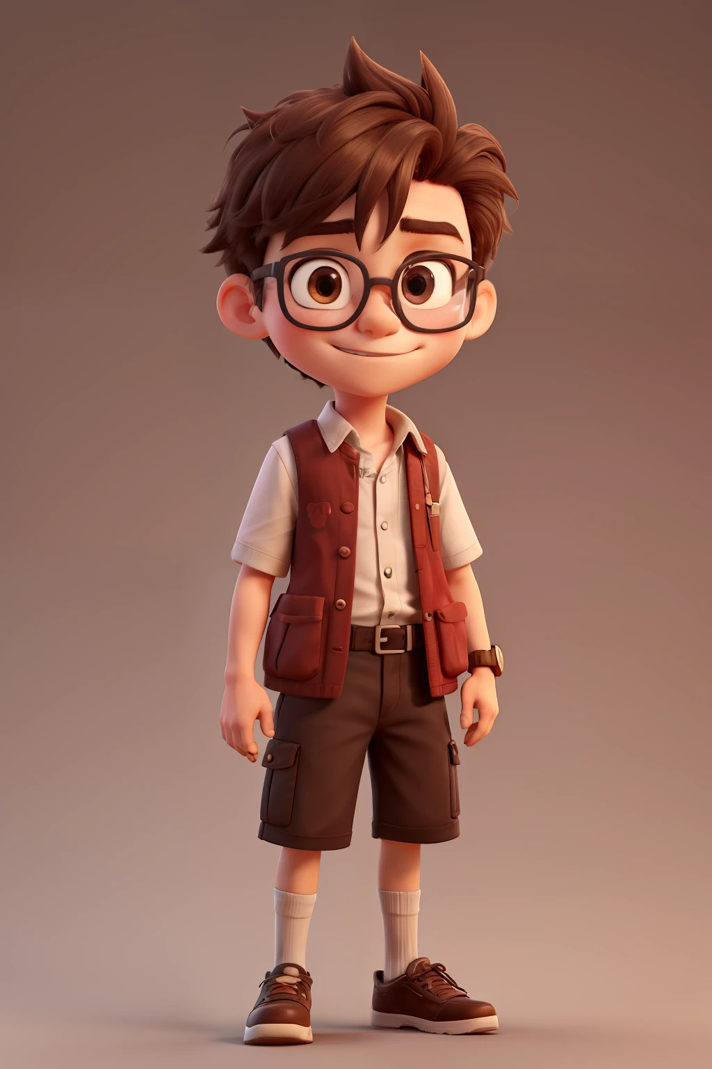 3Dキャラクター, I would like you to generate a character with distinctive glasses. The image should be in 3D anime style, of a boy around 10 years old. He should have brown hair and be of Asian descent, wearing a short-sleeved shirt and shorts. The background should be white, 8k