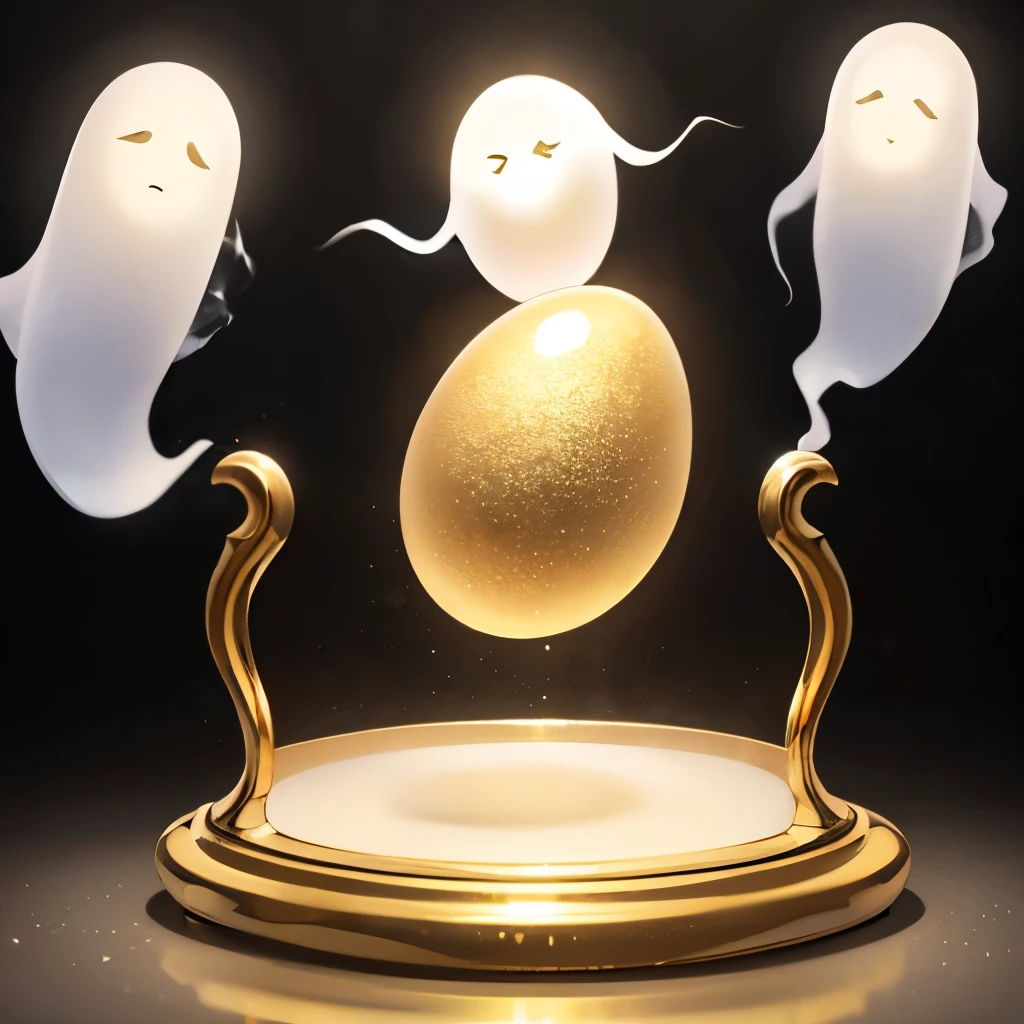 High resolution,ruins, (a golden detailed egg:1.2),Glowing, on a beautiful decorated stand,(with black real ghost:1.5)