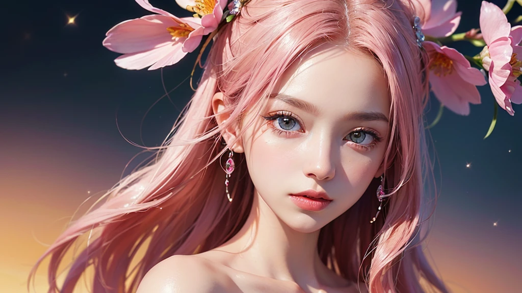 One girl, alone, flower畑, flower, (Official Art, unity 8k wallpaper, Super detailed, beautifully、aesthetic, masterpiece ,Highest quality:1.3), (Dynamic Angle:1.2), (Floating colorful sparkles:1) , elegant, Vibrant colors, Highly detailed face, Detailed eyes, Glowing Skin, Glossy Lips , Pale pink and pale orange background, Pink Hair,