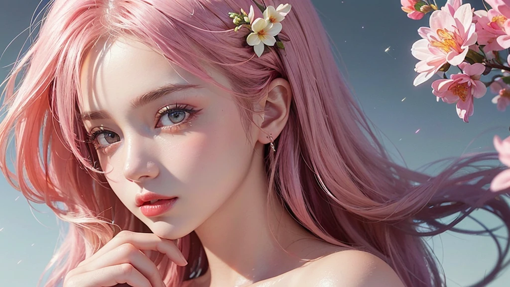 One girl, alone, flower畑, flower, (Official Art, unity 8k wallpaper, Super detailed, beautifully、aesthetic, masterpiece ,Highest quality:1.3), (Dynamic Angle:1.2), (Floating colorful sparkles:1) , elegant, Vibrant colors, Highly detailed face, Detailed eyes, Glowing Skin, Glossy Lips , Pale pink and pale orange background, Pink Hair,