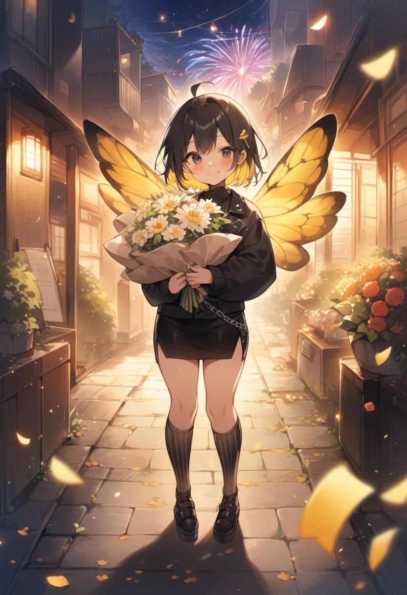 breathtalking Scenery, breathtalking Beauty, breathtalking Cute,scenery, (best quality, masterpiece:1.2), (ultra high quality:1.2),smooth soft skin, natural skin,watercolor,
BREAK
(hornet girl:1.4), bee girl,(little female child:1.3), (:1.3),6 yewaii,baby face,tsurime, small breast, Phat ass,ultra cute face,oily skin, (bee antennae:1.3), (PVC material Extremely small bee wings:1.1), (bee wings:1.1),symmetry bee wings, puffy eyes,smile,
BREAK
(black hair:1.3),(black eyes:1.2),(yellow dip-dye hair:1.3),(yellow inner hair:1.1),short hair,ahoge, slanted eyes, (highlight on eyes:1.1),(nail_polish:1.1),
BREAK
layer of clothes,(Japanese Style Coordination:1.3),belt buckle,jacket, (pencil Skirt:1.1),(yellow striped and black striped over-kneehighs:1.3),pierce,chain accessory,(nail_polish:1.1),(underboob:0.8),punk rock,
BREAK
Alley,fireworks,fireworks background,night,steam light effect,cinematic shadows,light sparkles,(Hands holding flower bouquet:1.3),(Finger behind the bouquet:1.3), (Hands behind the bouquet:1.3),(Flower bouquet:1.1), Falling petals,celebration,Congratulations,(blush:1.2),Confetti,Twinkle Star,smile,dust particles,dynamicangle,kawaii,outdoors,
