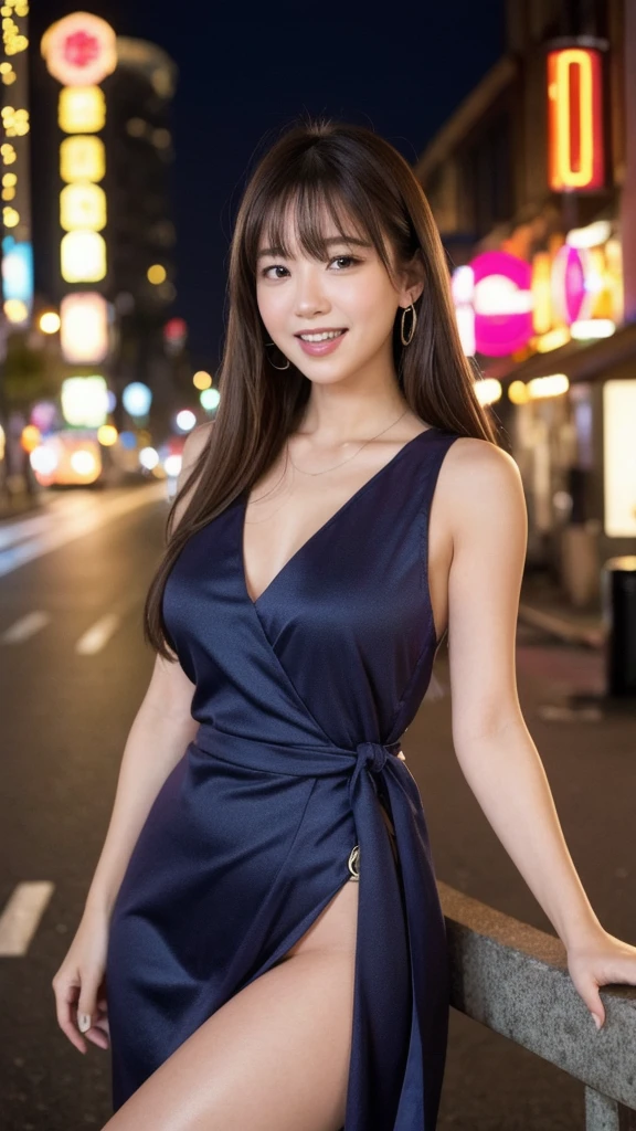 One girl, Yokohama Street,night, Cityscape,City lights, Upper Body,close, 8k, RAW Photos, Highest quality, masterpiece,Realistic, photo-Realistic,、Woman in a nightclub、Sleeveless dress、ラメの入ったロングドレス、スリットから太ももが見える、Laugh fearlessly、