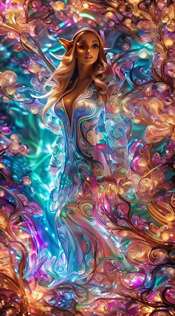 (masterpiece, top quality, Best Quality, official art, beautiful and aesthetic:1.2), (1 seductive elf:1.3), extremely detailed,(fractal art:1.2),showy,higher details,( Luminous neon gel:1.2 ), (sensual and dynamic pose), (Fluorescent abstract background :1.5), (traditional dress:1.2), (shiny skin), (multicolor:1.4), upper half of the body ,Neons,16k,full hd, blue eyes,