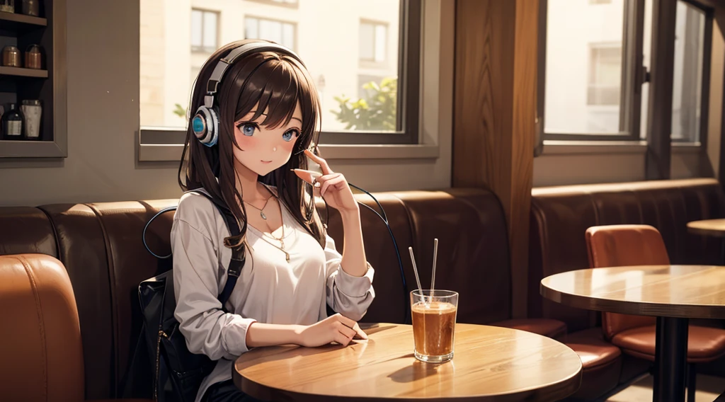 Girl with headphones enjoying music in a cafe　I am studying　Emphasize a little bit of the chest