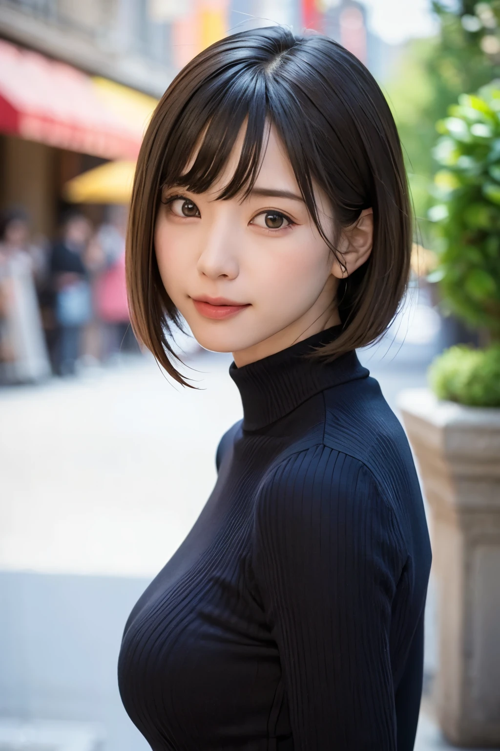 (masterpiece, Highest quality),One Girl, alone, hyper Realistic, Realistic,Realistic, Looking at the audience, Light brown eyes:1.4,Brunette Short Bob Hair with highly detailed shiny hair, Brightly colored winter clothes, Lepangas:1.4), Plein Air, Mouth closed, Upper Body、big chest eye、eyelash、{hugeな|big chest|hugeなな|Mega} chest:2, chestの谷間:2、{huge|big|hugeな|Mega} chest, chestの谷間、(((big chest eye、Short Bob Hair、Student Highlights、Gazing at the audience、She is very beautiful and cute、Listen carefully、Long neck、smile、Close your mouth and smile、Bangs and beautiful teeth、Perfect Anatomy)))、Ideal body type、(Snowy tree-lined road in winter in Norway)、美しいLong neck:1.4、