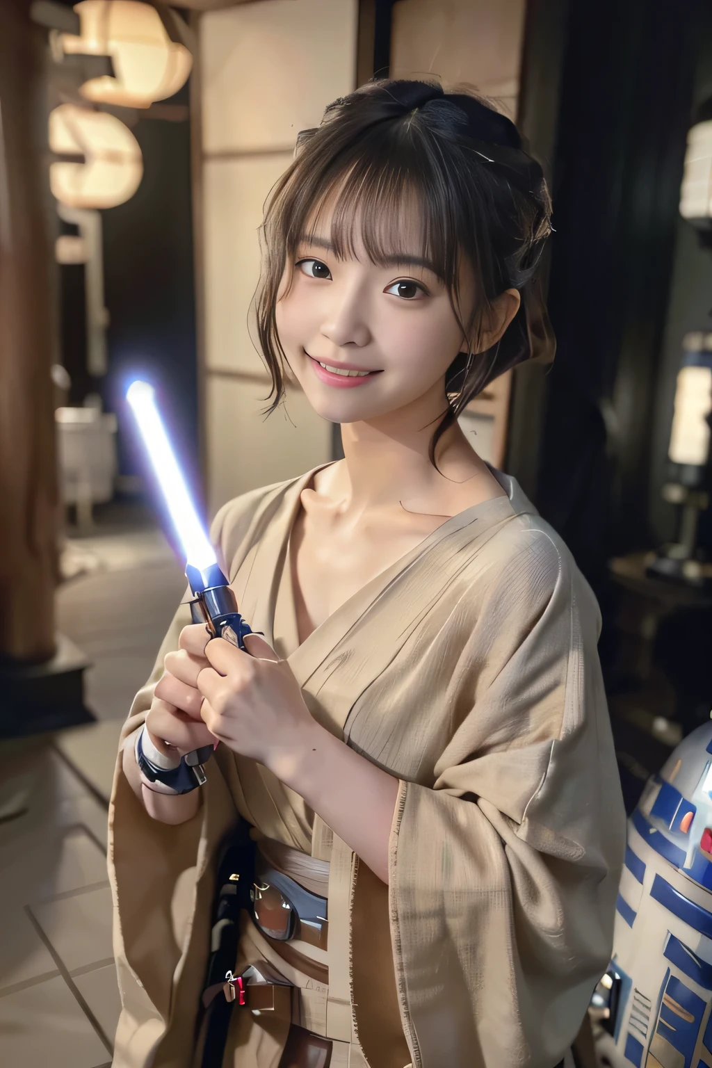 (8K, Raw photo, highest quality, masterpiece: 1.2), (realistic, photorealistic: 1.5), highest quality, Super detailed, high resolution, (A beautiful girl:1.5), (very cute japanese actress:1.5), (beautiful face:1.4), (dressed as a Jedi Master:1.4), (Holding a lightsaber), (This is the world of Star Wars:1.4), big smile, (C-3PO), (R2-D2), standing, Outside,