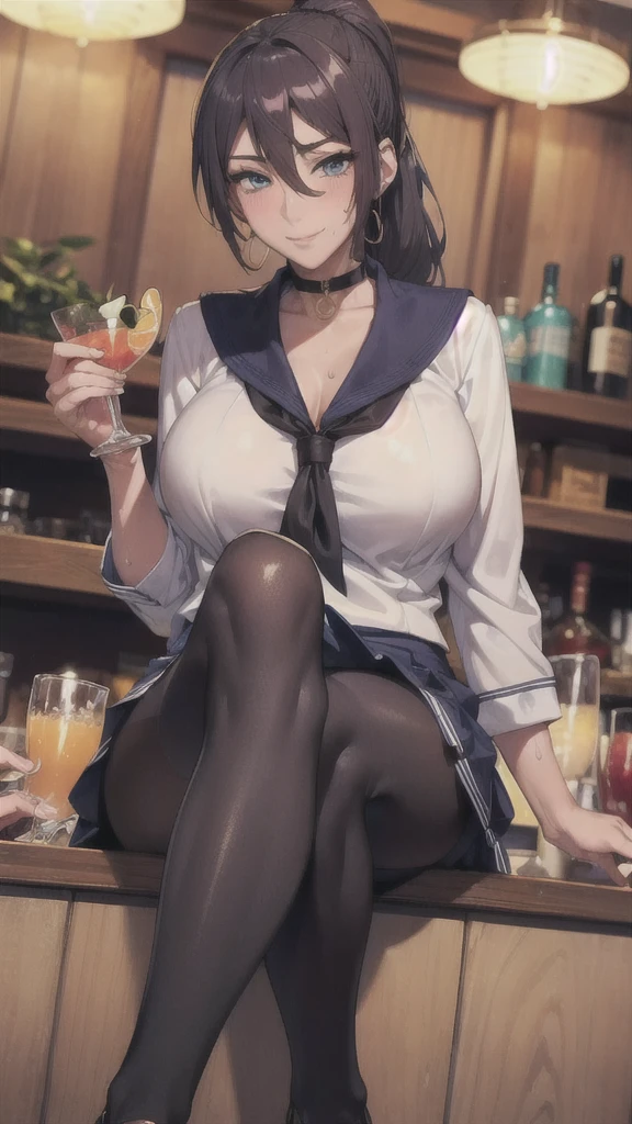 ((Correct Anatomy)),((Sit at the bar counter)),((Holding a cocktail glass)),((((Sailor suit)))),((Beautiful feet)),((A shy smile)),((mini skirt)),((Black Pantyhose)),((black tights)),((high school girl)),Ultra-high resolution,Mature Woman, Mature Woman, Very detailed,Extremely fine skin,Beautiful Skin,((Sweating all over the body)),(Big Breasts),((Beautiful legs)),Perfect hands, Detailed fingers, Beautiful details, ((Long Hair)),((ponytail)),Black choker, Earrings,loafers,Luxury,Perfect Eyes, Captivating eyes