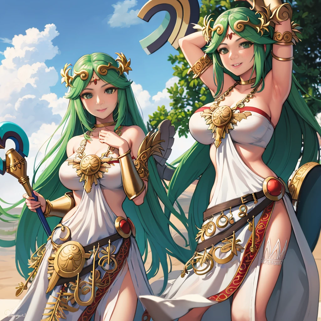 high quality, masterpiece, Incrs Palutena, White Dress, jewelry, Cowboy Shot, shield, staff, smile, Green Eyes, Large Breasts