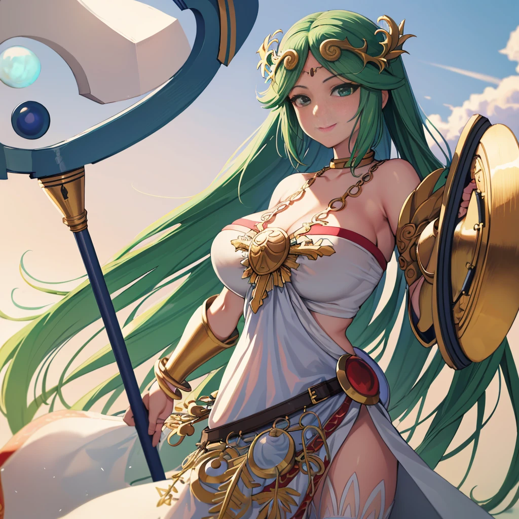 high quality, masterpiece, Incrs Palutena, White Dress, jewelry, Cowboy Shot, shield, staff, smile, Green Eyes, Large Breasts