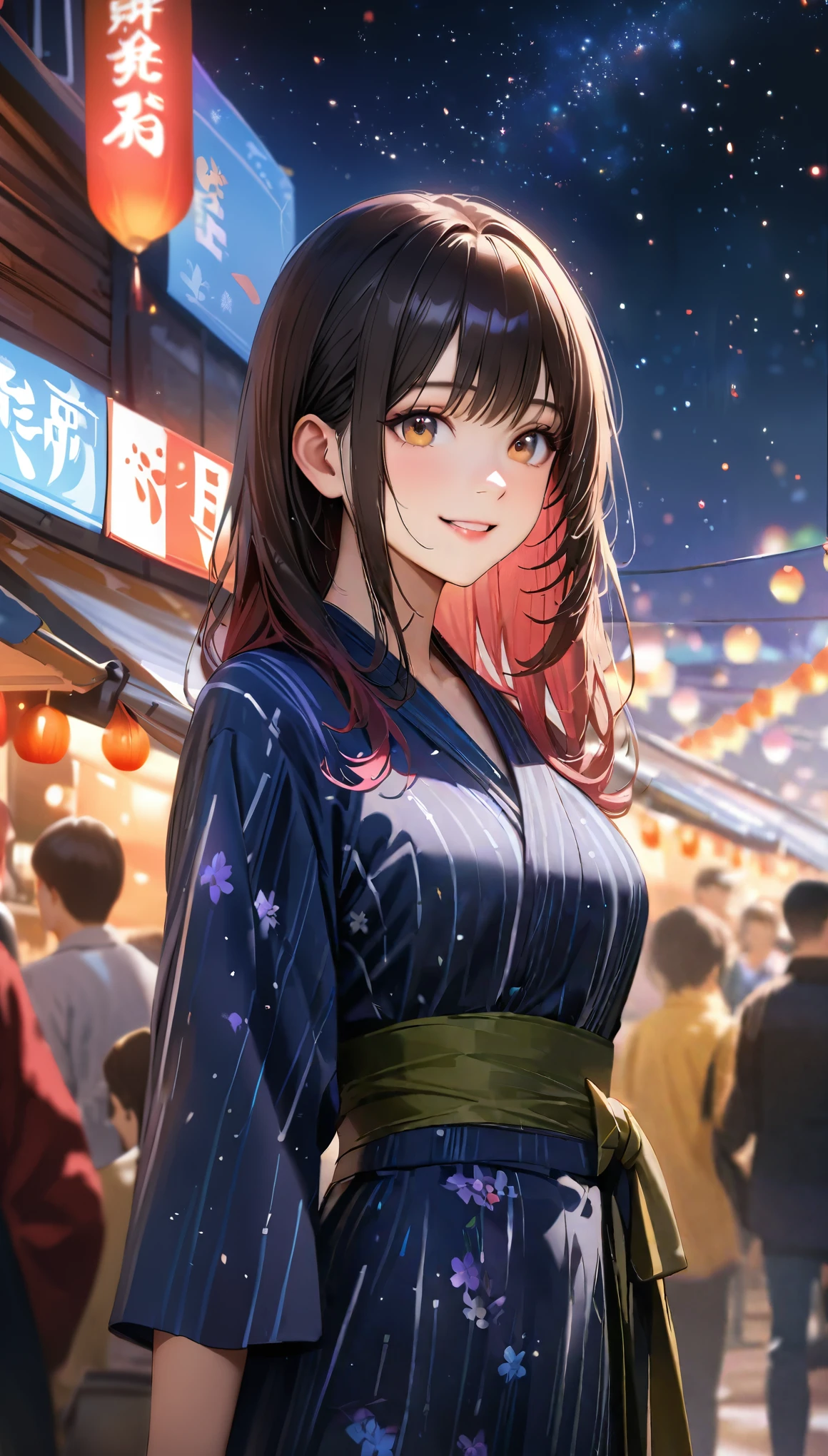 Young woman enjoying the summer festival,night, Starry Sky,Cute Yukata,Gazing at the sky,Blur the background,high school girl,smile,Highest quality, 8k, High resolution, masterpiece:1.2, Very detailed, Realistic:1.37, High resolution, 超High resolution, Ultra-fine painting, Very detailed, Professional, Vibrant colors