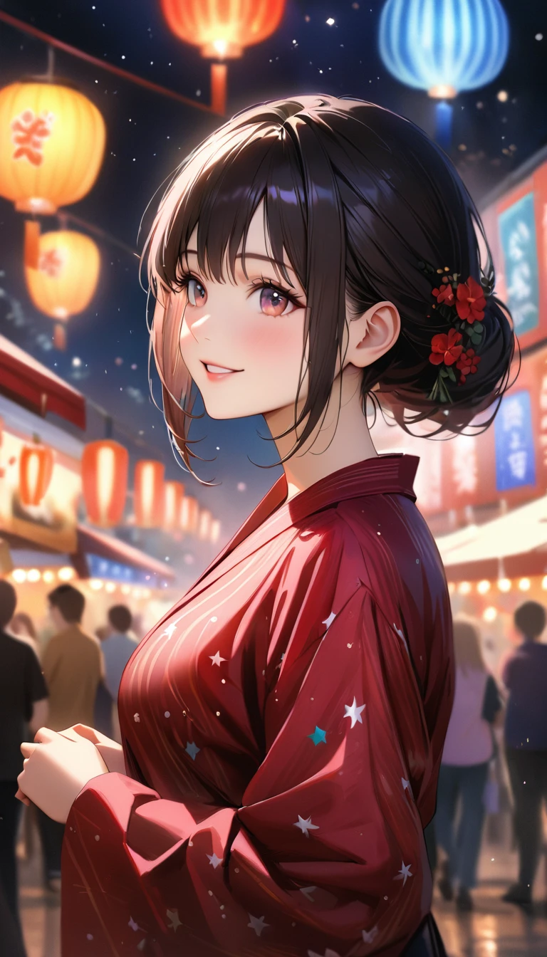 Young woman enjoying the summer festival,night, Starry Sky,Cute Yukata,Gazing at the sky,Blur the background,high school girl,smile,Highest quality, 8k, High resolution, masterpiece:1.2, Very detailed, Realistic:1.37, High resolution, 超High resolution, Ultra-fine painting, Very detailed, Professional, Vibrant colors