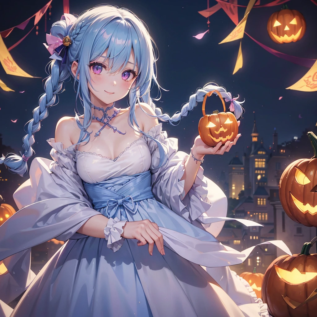 (Light blue medium hair),(Braided hair tied together)、Pink eyes、Fair skin、cowboy shot、Halloween、The background is a pumpkin ghost、Trick or Treat、A lot of sweets、witch、Halloween night party、Candy、Cosplay、A surprising smile、solo、(masterpiece、Highest quality、Very detailed、Best Shadow)、(Detailed Background)、(Beautifully detailed face)、High contrast、(Best lighting、Very delicate and beautiful)、(Cinematic Light)、colorful、Hyper Detail、Dramatic Light、Exquisite detail、