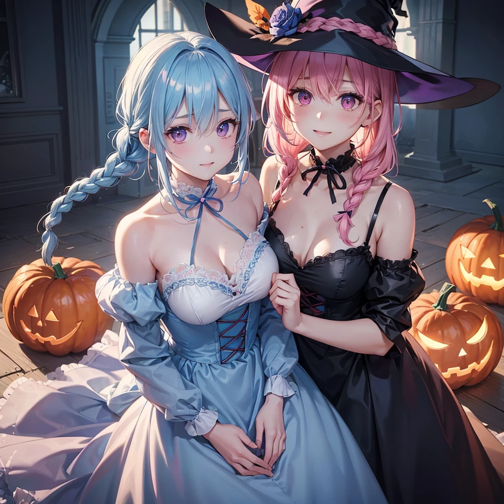 (Light blue medium hair),(Braided hair tied together)、Pink eyes、Fair skin、cowboy shot、Halloween、The background is a pumpkin ghost、Trick or Treat、A lot of sweets、witch、Halloween night party、Candy、Cosplay、A surprising smile、solo、(masterpiece、Highest quality、Very detailed、Best Shadow)、(Detailed Background)、(Beautifully detailed face)、High contrast、(Best lighting、Very delicate and beautiful)、(Cinematic Light)、colorful、Hyper Detail、Dramatic Light、Exquisite detail、