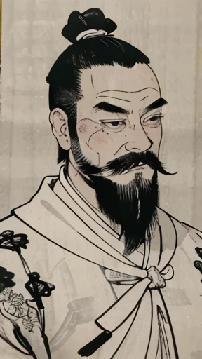 (((whole body))),((Monochrome)),(((Ink Painting))),Oriental、Men in ancient Chinese costumes、(ancient chinese hairstyle male)、As seen in the Romance of the Three Kingdoms々military commander、Highest quality、masterpiece、Ultra-high resolution、(Realistic:1.4)、Game Poster、Crisp and beautiful image quality、beard、Embroidered cloth wrapped around a bun、whole body ,(Skin of color, ),(beard):1.2), (Very detailed, bloom:1.5), (Highest quality, Concept Art, 4K), (analog:1.2), (high sharpness), (Detailed pupil:1.1), Detailed face and eyes, masterpiece, Highest quality, (Very detailed photos:1.1), 8k, (Dynamic Short Hair), (PurerosFace_v1:0.2), [:(Detailed face:1.2):0.2], sharp, Shadow, 