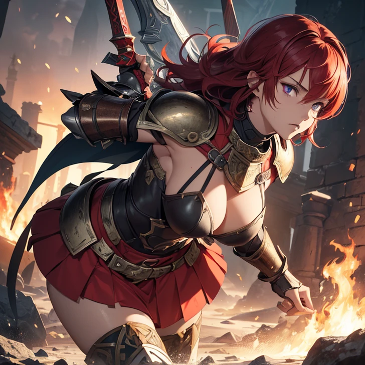 (absurdres, high fantasy artwork, best high quality image, carefuly detailed, very detailed features and textures, everquest-aesthetic)
{{1character: 25 years old red haired barbarian girl, (scarlet red short hair, purple eyes with black pupils, face with blood, very thin lips with blood, white skin with blood, wearing full armor dirt with blood, attack pose, very serious face, no sense of humor), (full bulky knight armor with blood, full bulky shoulder plates with blood, full armored bulky-breast-plate-armor-no revealing-skin dirt with blood, full gauntlets plates, full elbow plates, full plate boots), (her weapon: broad sword on her back), (Wooden irish cotage with ancient Greek forniture and celtic forniture, battle scene in fire)}}