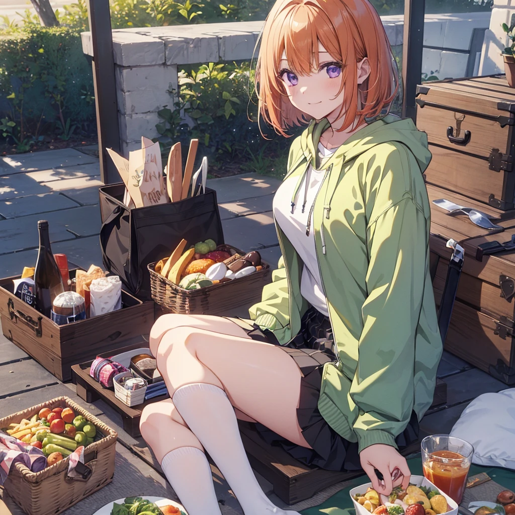 (Recall,food:1.3),(picnic:1.3),basket, Park with a view, Highest quality,Best image quality,Perfect Anatomy,masterpiece,Ultra-detailed,beautiful,super high quality, Highest quality,High resolution, Very detailed,Game CG,Dutch Angle ,beautiful細部までこだわった目,Visual Arts,Five Fingers, Perfect hands,Hide your hands, {{{One Girl}}}, beautiful詳細な女の子, Game CG, Spring flower, One curl on the outside, Short Bob Hair, Pastel orange hair, Purple eyes,Stylish accessories solo, breast enhancement, Medium Shoot, woman, Take-out, Laughter, huge ,,Pastel green checkered mini skirt,Black knee-highs, {{{{{Wearing a pastel green hoodie}}}}},Open your mouth, wonderful, beautiful細部までこだわった目, Highest quality, Very delicate,Masseter muscle area,Highest quality,(Official Art、Highest quality、Unity 8k wallpaper、32K、masterpiece、Ultra-detailed、超High resolution、Realistic、Photorealistic:1.2)、(Cinema Lighting:1.2)、Fire Glow Effect、The most grainy shadows on the film、Side light、Side Shot、(Ultra-detailedで複雑な3Dレンダリング)、Atelier Series, Multiple Girls．