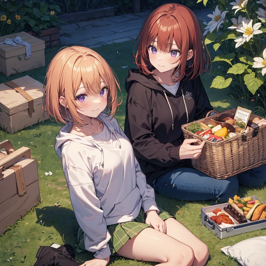 (Recall,food:1.3),(picnic:1.3),basket, Park with a view, Highest quality,Best image quality,Perfect Anatomy,masterpiece,Ultra-detailed,beautiful,super high quality, Highest quality,High resolution, Very detailed,Game CG,Dutch Angle ,beautiful細部までこだわった目,Visual Arts,Five Fingers, Perfect hands,Hide your hands, {{{One Girl}}}, beautiful詳細な女の子, Game CG, Spring flower, One curl on the outside, Short Bob Hair, Pastel orange hair, Purple eyes,Stylish accessories solo, breast enhancement, Medium Shoot, woman, Take-out, Laughter, huge ,,Pastel green checkered mini skirt,Black knee-highs, {{{{{Wearing a pastel green hoodie}}}}},Open your mouth, wonderful, beautiful細部までこだわった目, Highest quality, Very delicate,Masseter muscle area,Highest quality,(Official Art、Highest quality、Unity 8k wallpaper、32K、masterpiece、Ultra-detailed、超High resolution、Realistic、Photorealistic:1.2)、(Cinema Lighting:1.2)、Fire Glow Effect、The most grainy shadows on the film、Side light、Side Shot、(Ultra-detailedで複雑な3Dレンダリング)、Atelier Series, Multiple Girls.