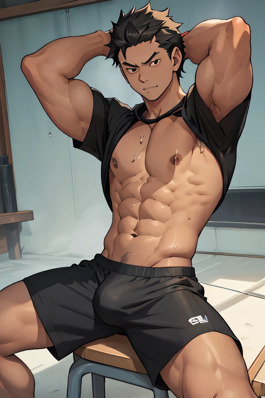 Subaru is sitting and flexing his arms. He wears a black tshirt with short sleeves. His right sleeve is completely rolled up, so you can see his entire arm and shoulder. He wears black short boxershorts. You can see his thighs completely. He has a huge bulge. You can see his abs too. Cum is dripping from his thighs.