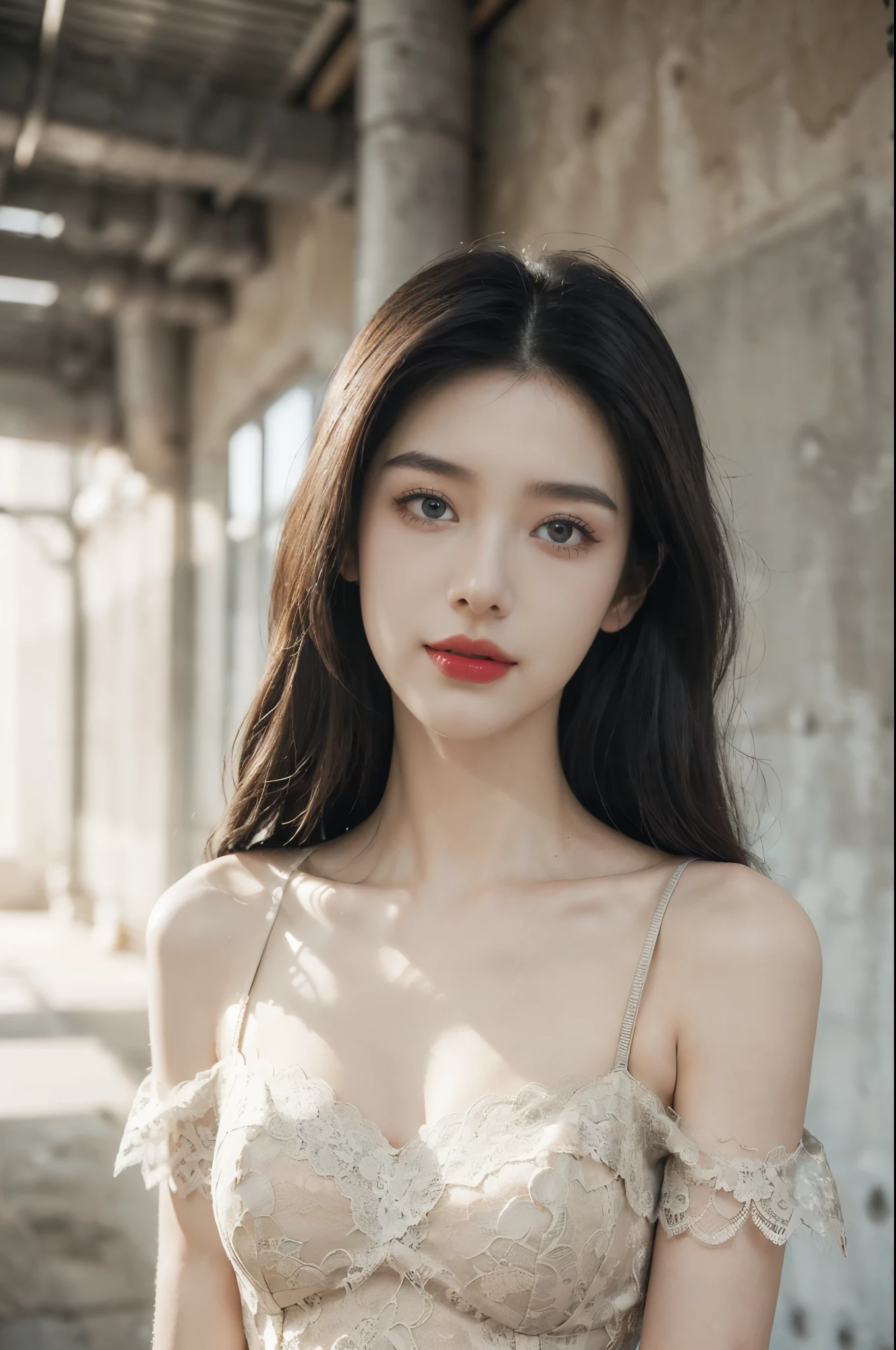 (((best quality))),(((ultra detailed))),(((masterpiece))),illustration,((1 beautiful girl,solo)),((slim,thin)),((small breasts,flat chest)),(shoulder length straight hair:1.2),summer afternoon,((unfinished concrete room,alluring,gray walls)),(short sleeves:1.2),(black lace dress:1.3),(seductive,elegant,full bosom,fair skin,golden strands,delicate features,deep brown eyes,mischief,mystery,enchanting smile,vibrant red lips,serene beauty,self-assuredness,industrial ambiance,raw cement walls,exposed pipes,sexuality,allure,refined beauty,compelling visual narrative,seductive gaze,elegant posture,industrial backdrop,lasting impression,((standing,from front,close-up of face))