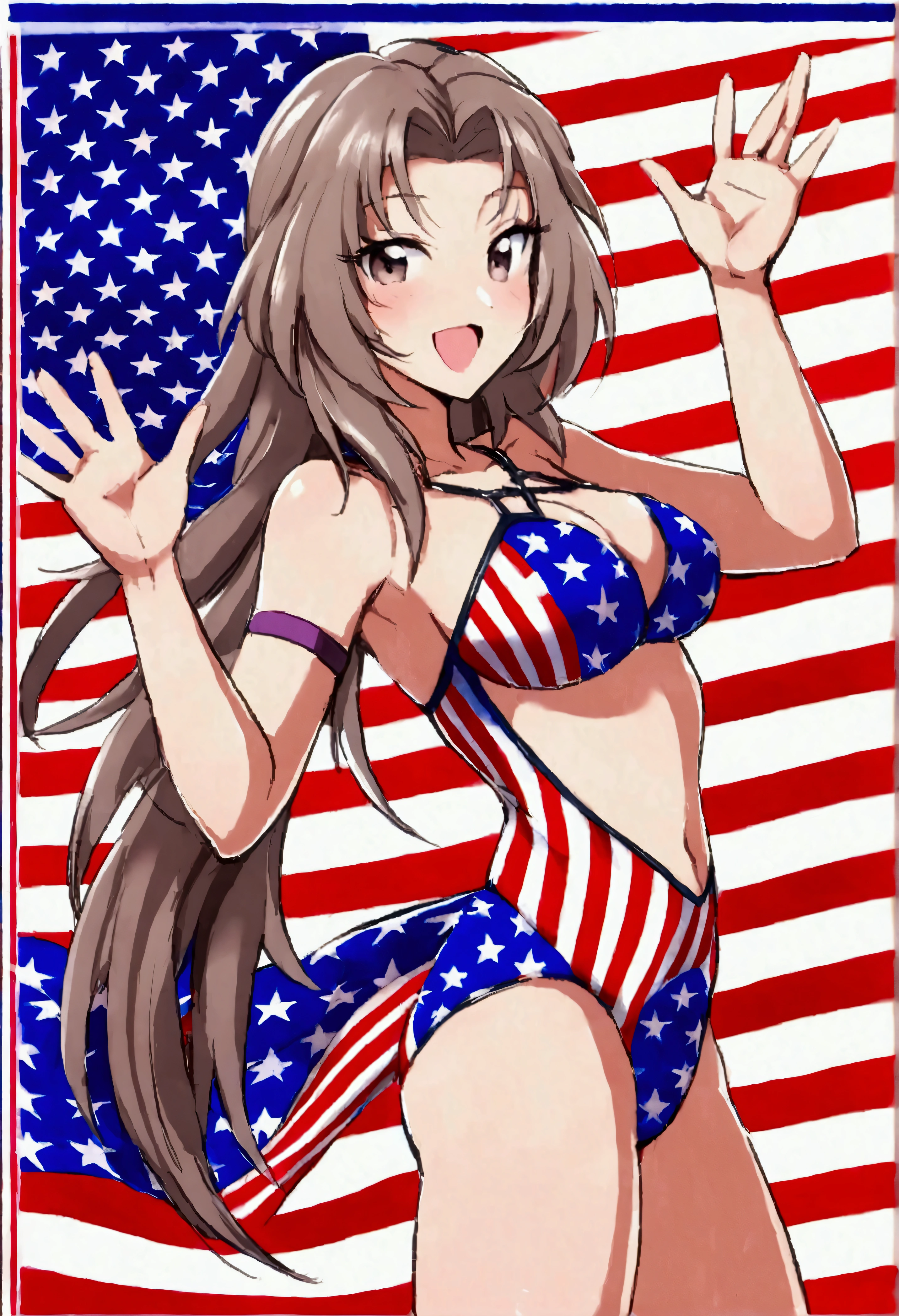 (fay wray, age 25, bombshell swimsuit american flag pattern, waving an american flag), American flag in the background, flirty joyous poses
