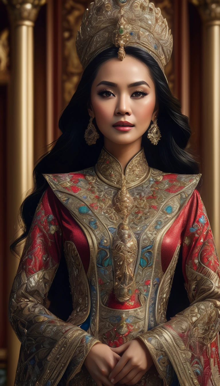 high detail, best quality, 8k, [very detailed], masterpiece, best quality, (very detailed), ultra wide shot, photorealistic, image of a Javanese empress wearing a Javanese royal gown (intricate detail, Masterpiece, best quality: 1.5 ), holding a scepter (intricate detail, Masterpiece, best quality: 1.5), wearing a crown with 12 stars (intricate detail, Masterpiece, best quality: 1.5), standing in front of the palace facing the enemy (intricate detail, Masterpiece, best quality: 1.5), black hair, long hair, flowing hair, sharp eyes, dynamic light, from the front, [[12 stars in the background]], best quality, high resolution, ultra wide angle