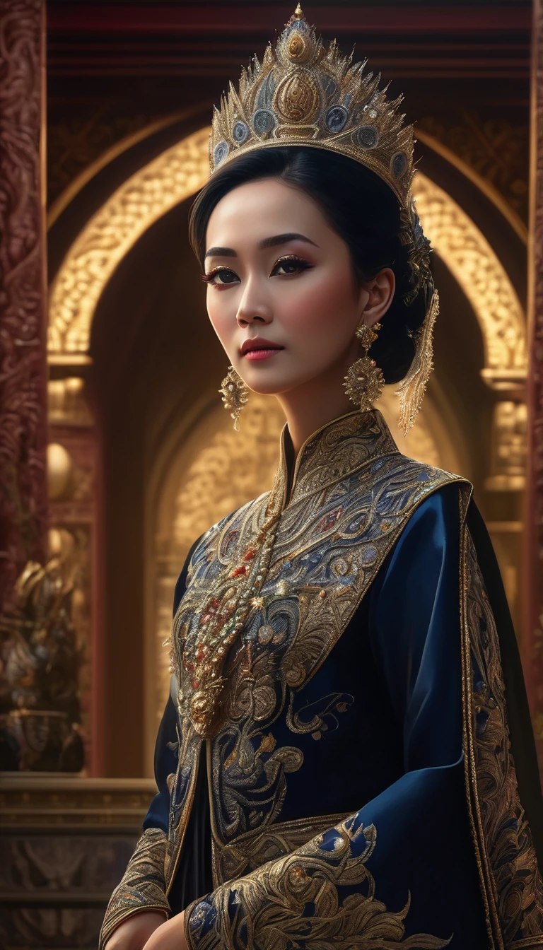 high detail, best quality, 8k, [very detailed], masterpiece, best quality, (very detailed), ultra wide shot, photorealistic, image of a Javanese empress wearing a Javanese royal gown (intricate detail, Masterpiece, best quality: 1.5 ), holding a scepter (intricate detail, Masterpiece, best quality: 1.5), wearing a crown with 12 stars (intricate detail, Masterpiece, best quality: 1.5), standing in front of the palace facing the enemy (intricate detail, Masterpiece, best quality: 1.5), black hair, long hair, flowing hair, sharp eyes, dynamic light, from the front, [[12 stars in the background]], best quality, high resolution, ultra wide angle