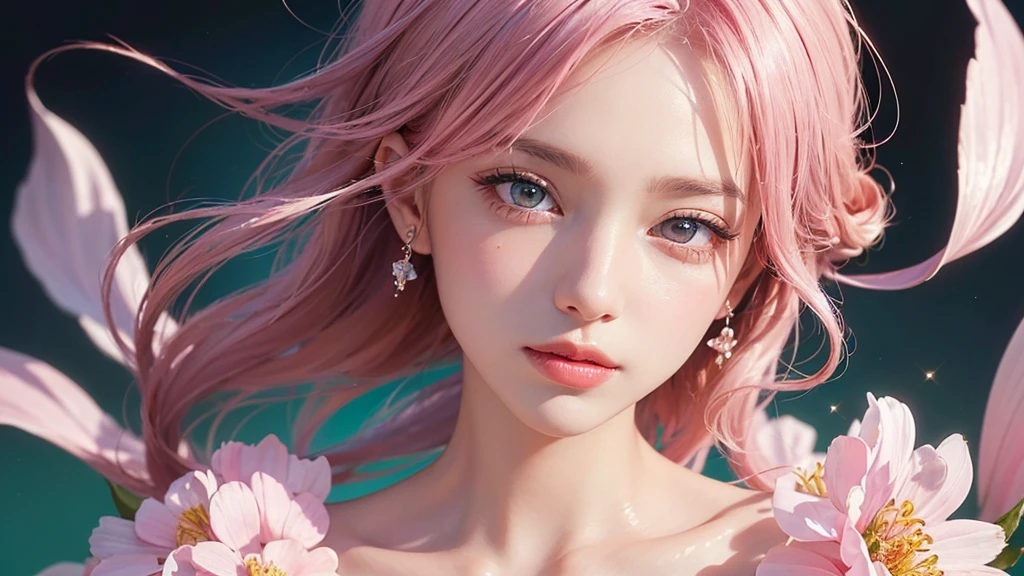 One girl, alone, flower畑, flower, (Official Art, unity 8k wallpaper, Super detailed, beautifully、aesthetic, masterpiece ,Highest quality:1.3), (Dynamic Angle:1.2), (Floating colorful sparkles:1) , elegant, Vibrant colors, Highly detailed face, Detailed eyes, Glowing Skin, Glossy Lips , Pale pink and pale orange background, Pink Hair,