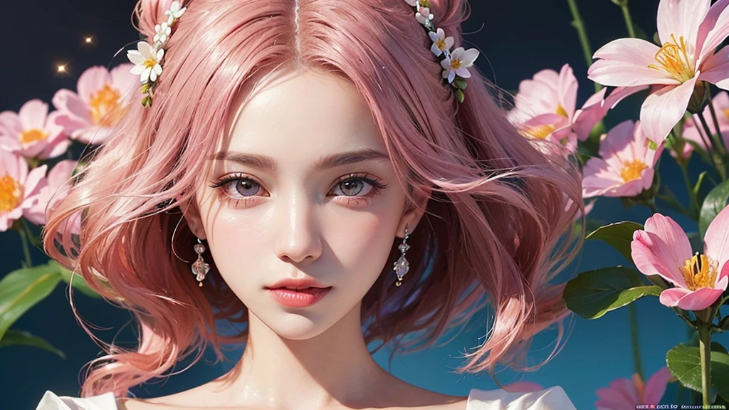 One girl, alone, flower畑, flower, (Official Art, unity 8k wallpaper, Super detailed, beautifully、aesthetic, masterpiece ,Highest quality:1.3), (Dynamic Angle:1.2), (Floating colorful sparkles:1) , elegant, Vibrant colors, Highly detailed face, Detailed eyes, Glowing Skin, Glossy Lips , Pale pink and pale orange background, Pink Hair,