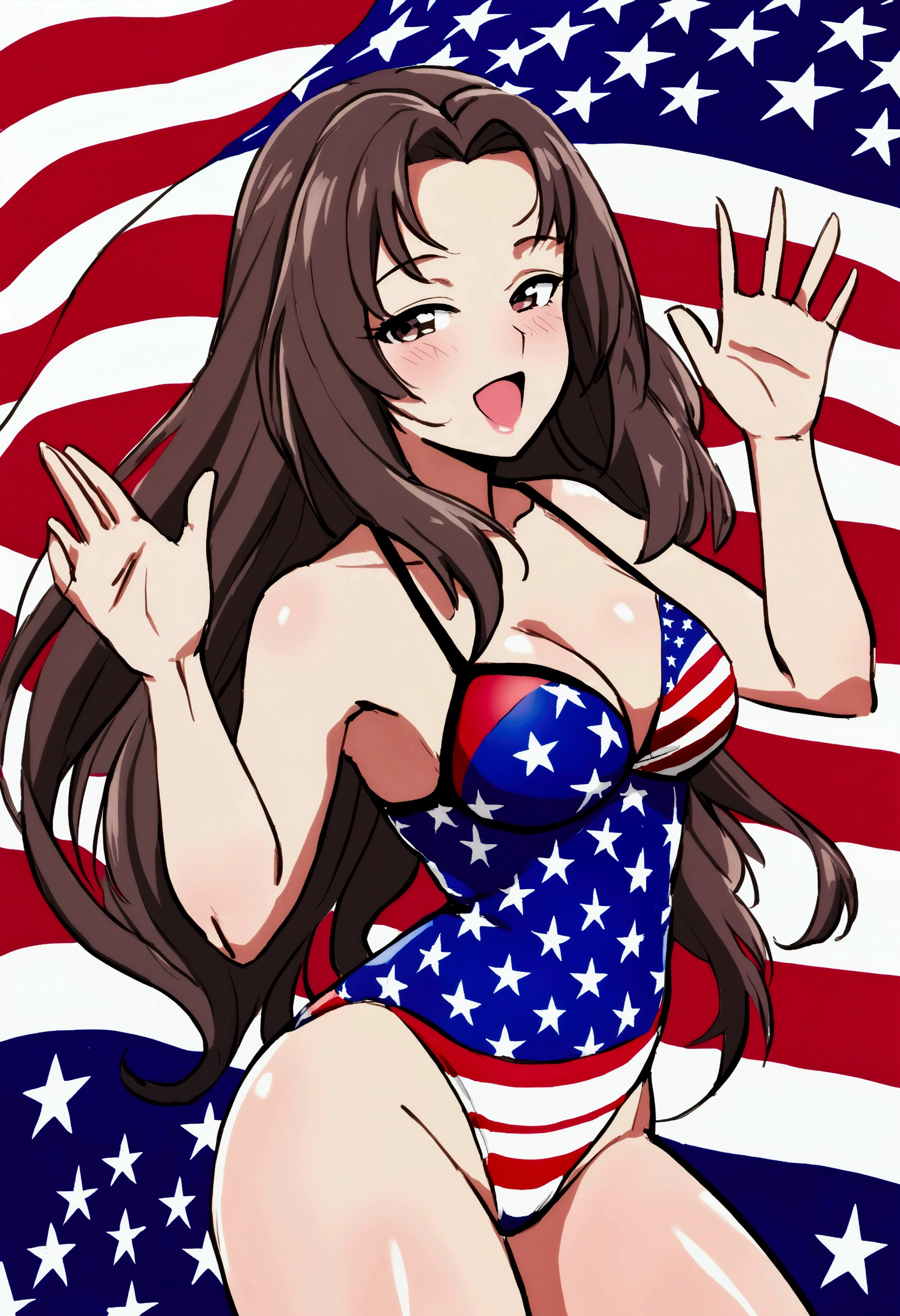 (fay wray, age 25, bombshell swimsuit american flag pattern, waving an american flag), American flag in the background, flirty joyous poses