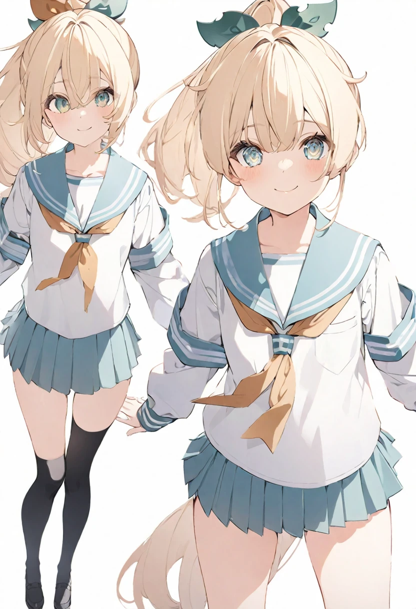 (muste piece), (best quality), (score_9, score_8_up, score_7_up), very detailed eyes, expressive eyes, perfect face, very detailed face, highly detailed face, beautiful girl, 8K, beautiful girl, white background, delicate and beautiful face and eyes, dark intense shadow,
1 girl, vtuber style, cool girl, hololive, Kazama Iroha, blond hair, ponytail, school unifrom, Sailor suit, serafuku, pleated skirt, short leggings, cameltoe, small chest, clavicle, smile, ass visible through thighs, (full body), standing,