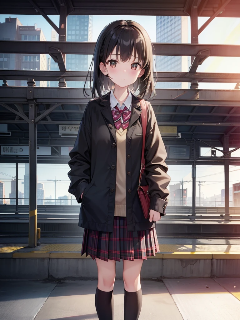 masutepiece, Best Quality, High resolution, Extremely detailed, Detailed background, Cinematic lighting, 1girl in, Looking at Viewer, Wear a plaid shirt, midium skirt, Pleated skirt, Standing, Full body,  Sunlight, Waiting train, train station, Stand on the platform , City Girl