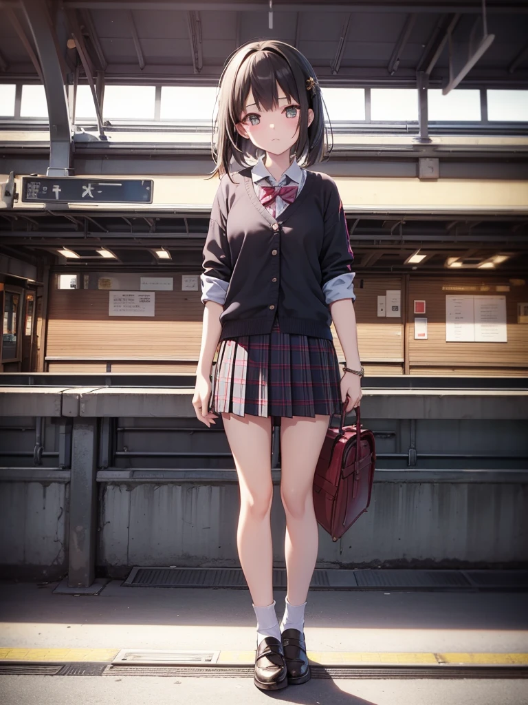 masutepiece, Best Quality, High resolution, Extremely detailed, Detailed background, Cinematic lighting, 1girl in, Looking at Viewer, Wear a plaid shirt, midium skirt, Pleated skirt, Standing, Full body,  Sunlight, Waiting train, train station, Stand on the platform , City Girl