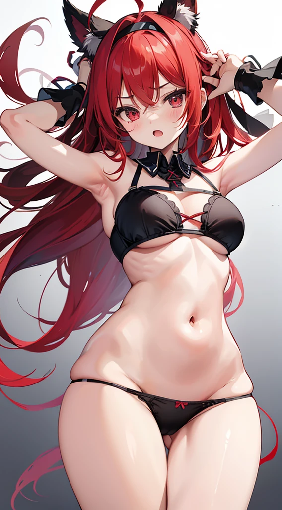 1girl, ahoge, armpits, bangs, bare shoulders, black bra, black hairband, black panties, blush, bra, breasts, cowboy shot, crossed bangs, eris greyrat, from below, gradient, gradient background, groin, hair between eyes, hairband, hand up, long hair, looking at viewer, medium breasts, navel, open mouth, panties, panty pull, red eyes, red hair, solo, stomach, thick eyebrows, thighs, underwear, underwear only