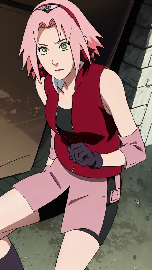 Sakura Haruno, Sakura Shippuden, open shirt,The buttons are unbuttoned., Split down the middle of the shirt, Sleeveless, Masterpiece, 1 woman, green eyes, condescending, elbow covers, black gloves, full body,Leg kick,Raise your legs high..,jump,angle