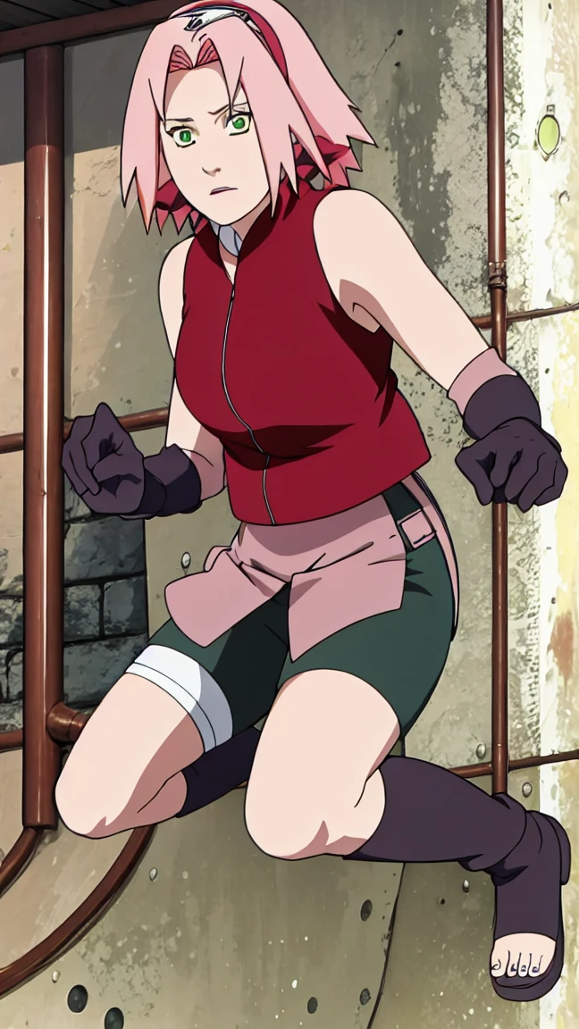 Sakura Haruno, Sakura Shippuden, open shirt,The buttons are unbuttoned., Split down the middle of the shirt, Sleeveless, Masterpiece, 1 woman, green eyes, condescending, elbow covers, black gloves, full body,Leg kick,Raise your legs high..,jump,angle