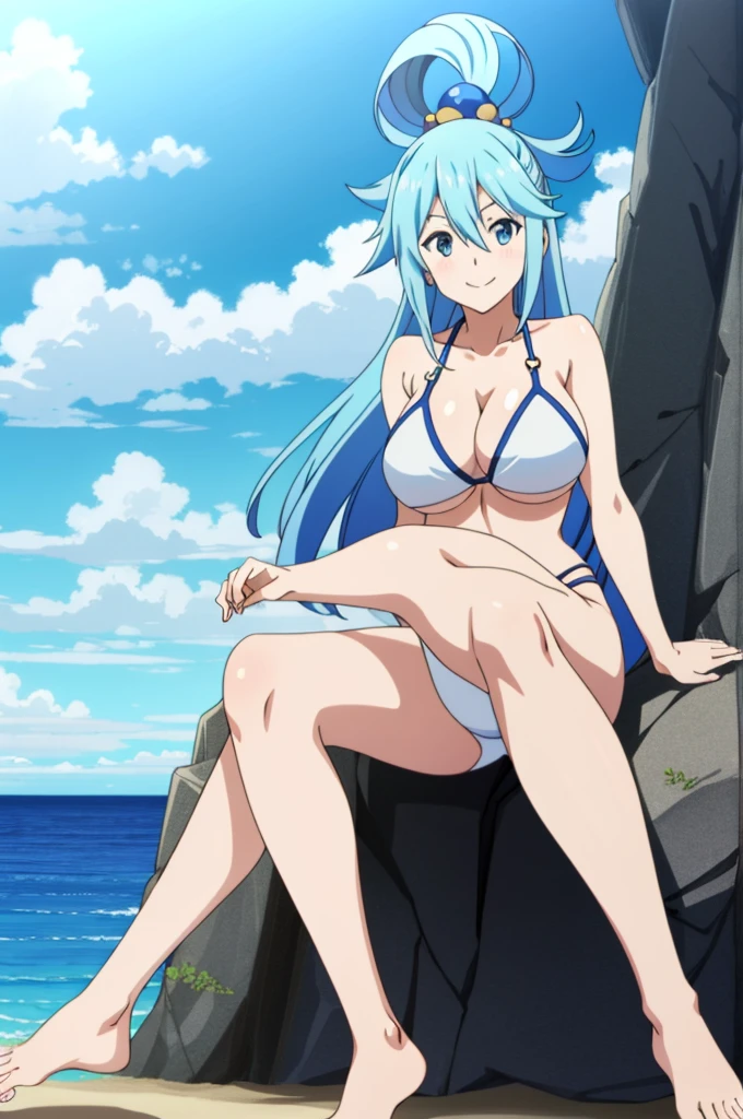 tall body, tall, long legs, mature female, mature, adult, EFT_Konsuba_Aqua, 1girl, aqua (konosuba), solo, long hair, smile, blue eyes, anime coloring, blue hair, hair rings, hair ornament, hair between eyes, 1girl, solo, breasts, looking_at_viewer, smile, large_breasts, cleavage, bare_shoulders, collarbone, sitting, sitting on rock, legs crossed, thick thighs, thong underwear, from_below, breasts, large breasts, big breasts, huge breasts, big tits, giant breasts, small bikini, bikini, white bikini, bare shoulders, bare arms, beach, ocean, underboob, island background