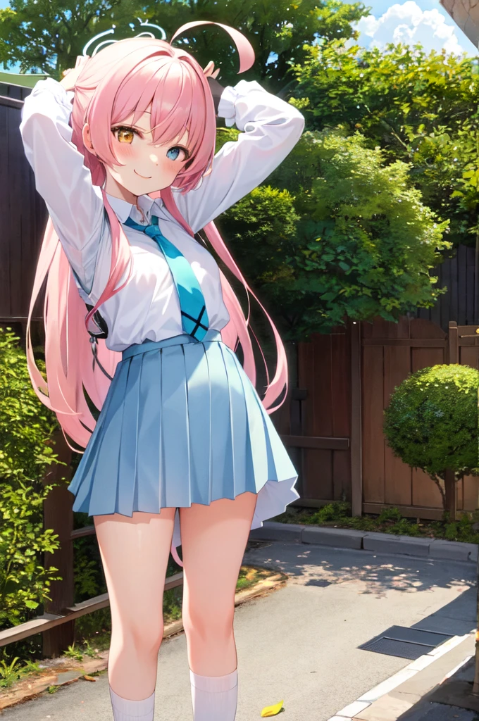 masterpiece, Highest quality, Very detailed, One girl, Hoshino, White shirt, Pleated skirt, smile, Are standing, Outdoor ,NFSW,Skirt tucked up,Light blue shorts,Selfie,sex,nsfw,penis,Skirt flipped up